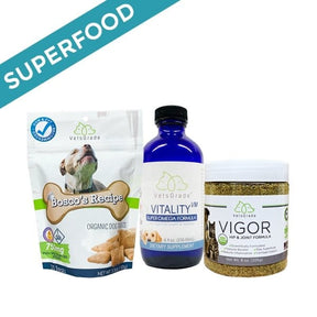vetsgrade superfood pack bundle with vitality vm omega-3 oil, vigor joint support powder, and bosco’s crispy treats for senior pet wellness
